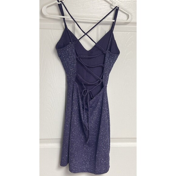 XS Women's Purple Sparkly Glitter Windsor Mini Cocktail Dress Strappy Back - Picture 2 of 7